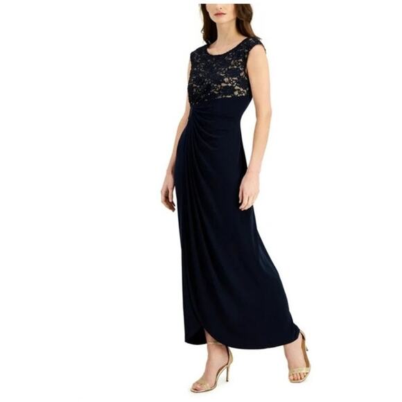 NWT Connected Embellished Cap Sleeve Gathered Waist Navy Gown Size 24W - Picture 1 of 12